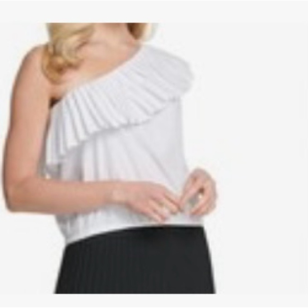DKNY White Ruffle One-Shoulder Poplin Top NWT